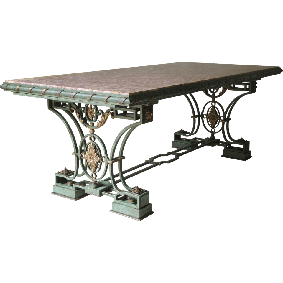 Exceptional Art Deco Wrought Iron and Brocatelle Marble Table - France, 1940s