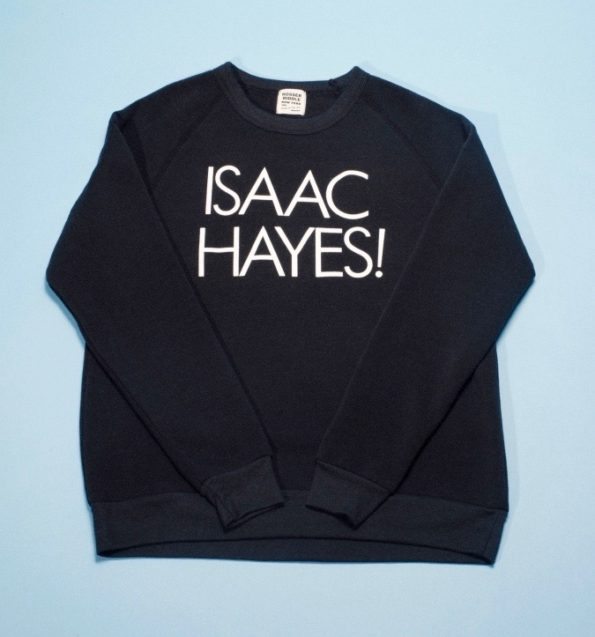 Father's Day Gift. This black t-shirt with white lettering reads: "Isaac Hayes" for the popular soul singer.