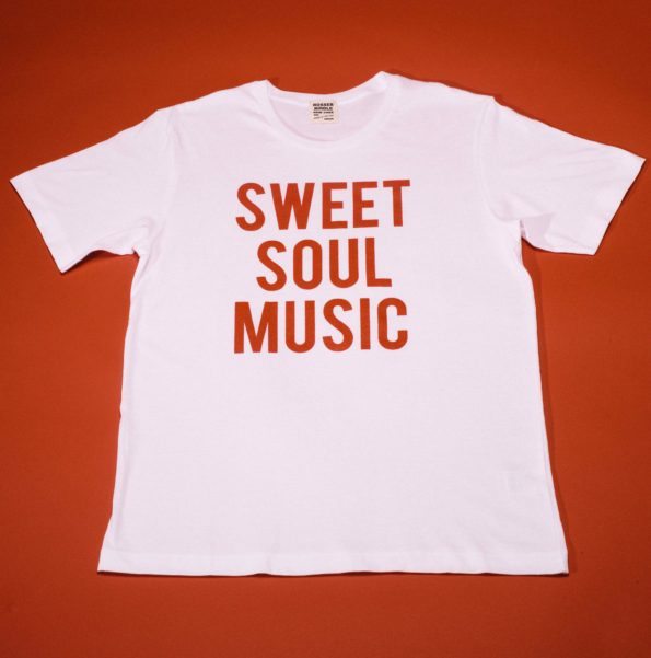 Father's Day Gift. This white t-shirt has red lettering that reads: Sweet Soul Music.